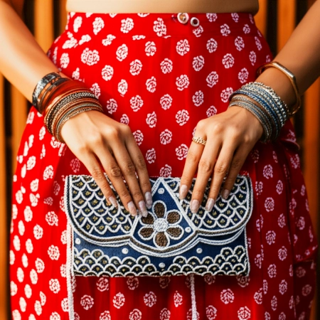 Handmade Cotton Beaded Clutch Bag with White and Brown Detailing